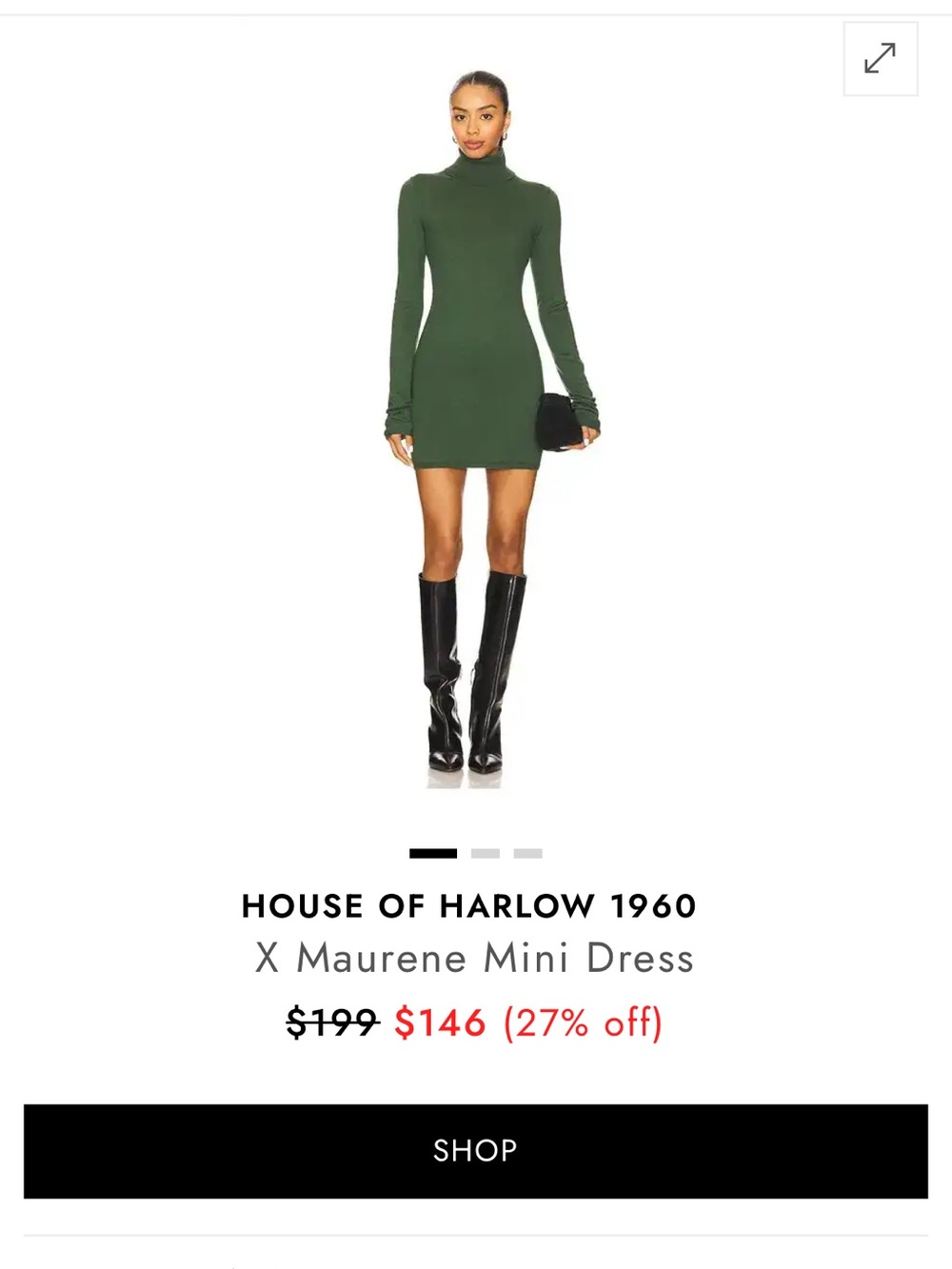 House of Harlow 1960 Olive Green Long-Sleeve Turtleneck Mini Dress, NWT